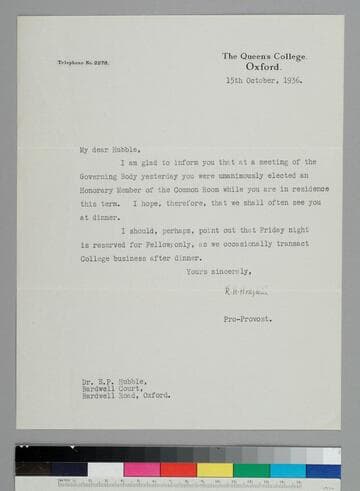 R. H. Hodgkin, pro-provost of Queen's College, writes to EPH