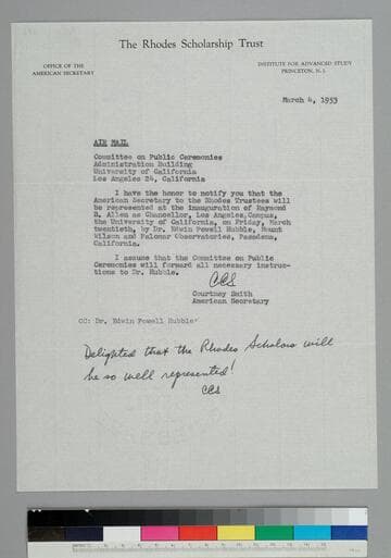 Courtney Smith, American Secretary of the Rhodes Scholarship Trust, writes to the Committee on Public Ceremonies