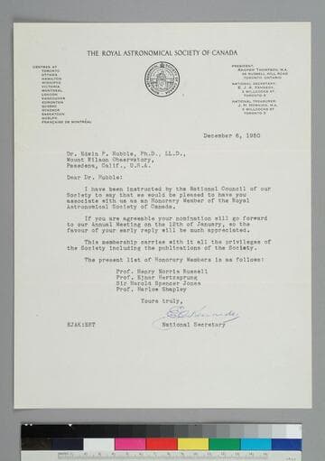 E. J. A. Kennedy, national secretary of the Royal Astronomical Society of Canada, writes to EPH