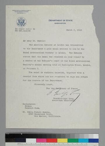 Breckinridge Long, Assistant Secretary of State, writes to EPH