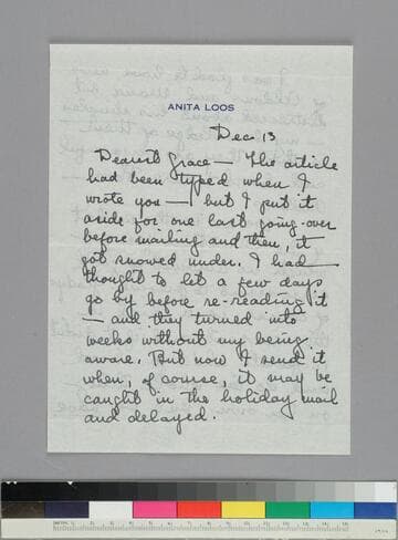 Writer Anita Loos writes GBH