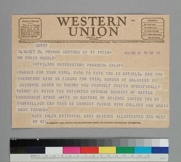 Ruth Imler, editorial assistant for Science Illustrated magazine, wires EPH asking his estimate for number of galaxies in the universe