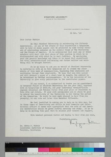 Ray Lyman Wilbur, president of Stanford University, writes to EPH