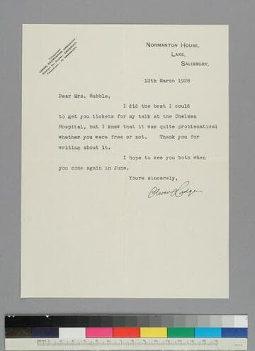 Physicist Oliver Lodge writes to GBH