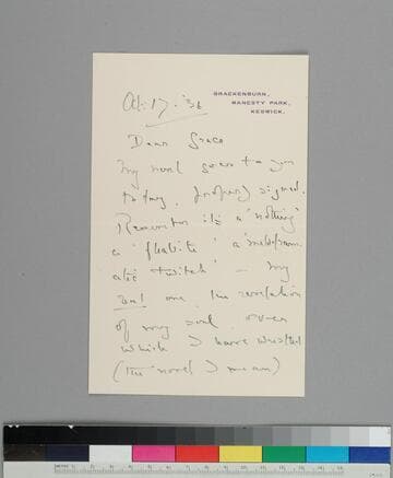 Writer Hugh Walpole, writes to GBH, noting that he is sending her his novel that day