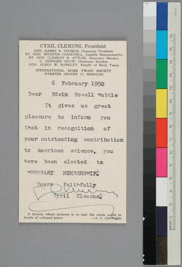 Cyril Clemens, president of the International Mark Twain Society, writes to EPH