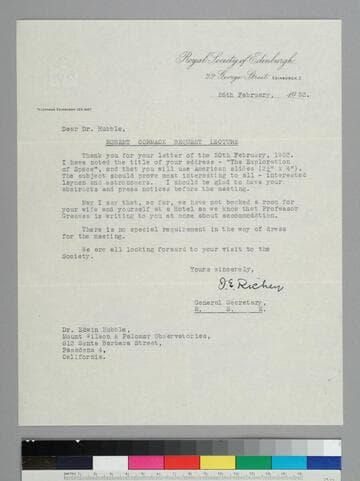 J. E. Richey, secretary of the Royal Society of Edinburgh, writes to EPH