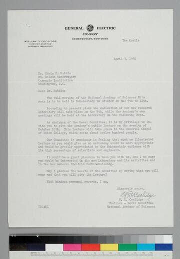 William Coolidge, chairman of the local committee, National Academy of Sciences writes to EPH