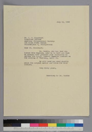 EPH's secretary writes to L. P. Eisenhart of the American Philosophical Society