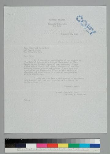 Fannie Dunn, of the Teachers College, Columbia University, writes to John Wiley and Sons, Inc. thanking them for publishing an article by EPH