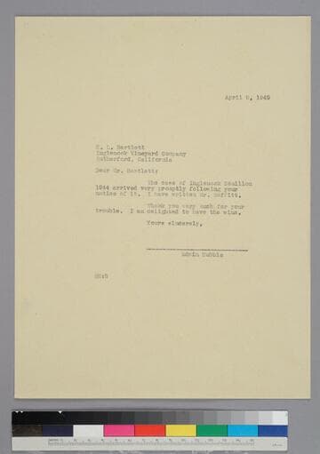 EPH writes to H.L. Bartlett of the Inglenook Vineyard Company