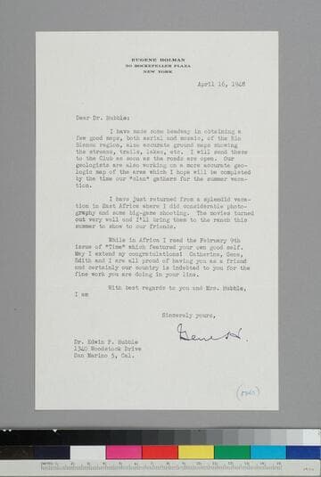 Eugene Holman writes to Edwin Hubble