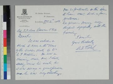 G. F. Welsh, of Welsh and Jefferies Ltd., Military and Civil Tailors, writes to Robert Gore-Browne