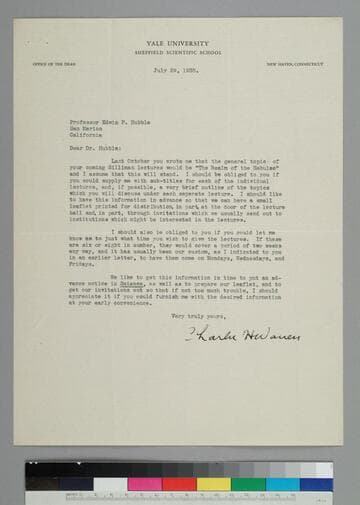 Charles H. Warren, Chairman, Committee on Silliman Lectures, Yale University, writes to EPH