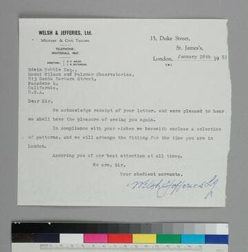 Welsh and Jefferies Ltd., Military and Civil Tailors, writes to EPH