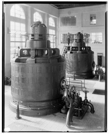Kern River No. 3 - Interior shot the generator floor at Kern 3 Powerhouse, with two Francis type turbine