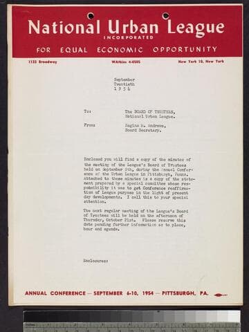 Memo by Regina M. Andrews to "Board of Trustees" and copy of meeting minutes