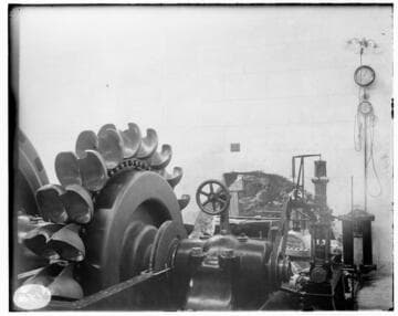 A close-up of Doble buckets on a Pelton wheel at Santa Ana River #1 Hydro Plant
