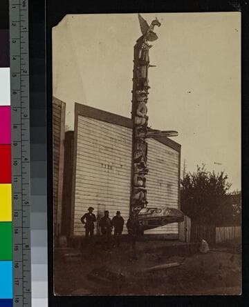 Kwakiutl totem pole from British Columbia, probably photographed at Alert Bay, Vancouver Island, B. C