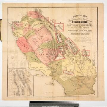 Farley's map of the newly discovered Tramontane Silver Mines in Southern California and Western New Mexico : comprising those of Coso, Washington, Tiachipa, Russ, Potosi, Esmeralda, Holcomb & Bear Valley Districts ; together with the most practicable route thereto and a correct table of reference embracing distances &c.; compiled from the official maps in the U.S. Surveyor General's Offige from the surveys of the late U.S. and California Boundary Commission, and from his own private explorations / J.H. Wildes, Draughtsman, U.S. Survr. Genls. Office