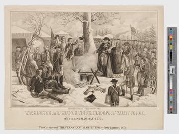 Washington and wife visiting the troops at Valley Forge, on Christmas Day 1777