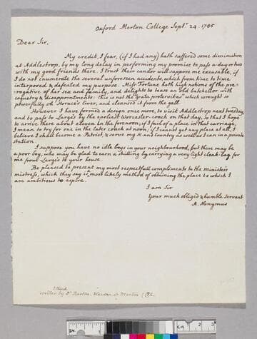 [Barton, Henry, 1717 or 1718-1790]. Letter to Thomas Leigh, 1734-1813