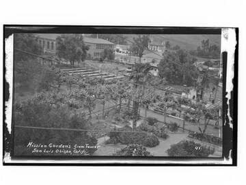 Mission Gardens from Tower, San Luis Obispo, Calif
