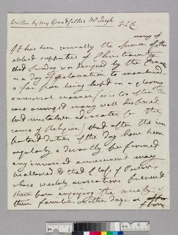 Leigh, James Henry, 1765-1823. "It has been generally the opinion of many of the ablest supporters of Christianity that Sunday was designed by the Creator as a day of relaxation…:" [speech?]