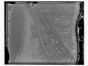 Aerial view of beach and Palisades, Santa Monica, California