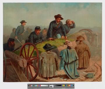 [Union soldiers on bank, coats and hats hanging below]