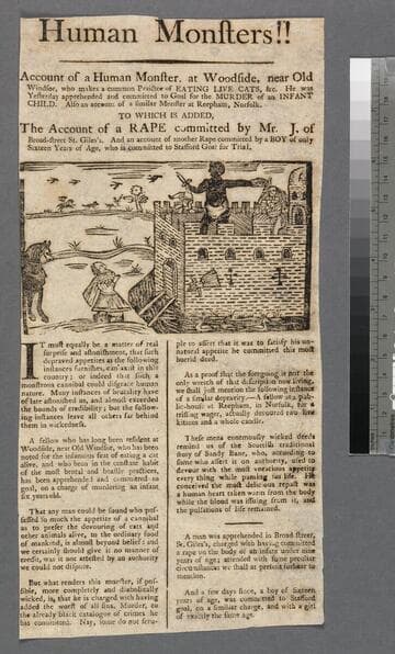 Human monsters!! Account of a human monster, at Woodside, near Old Windsor, who makes a common practice of eating live cats, &c. He was yesterday apprehended and committed to goal for the murder of an infant child. Also an account of a similar monster at Reepham, Norfolk. To which is added, the account of a rape committed by Mr. J. of Broad-street St. Giles's. And an account of another rape committed by a boy of only sixteen years of age, who is committed to Stafford Goal for trial