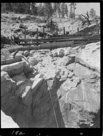 Big Creek - Mammoth Pool - Cribbing for haul road over diversion tunnel portal