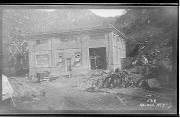 Kaweah #3 Power House under construction showing construction materials in the foreground and the mountains in the background