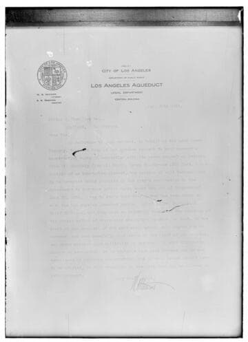 Letter to Wiliton S. Hamilton (Mono Power Co.) From W.B. Mathews (Los Angeles Dept. of Pubic Works/Los Angeles Aqueduct) regarding the construction of hydroelectric power projects in the Owens Valley. No number originally assigned by Cal. Electric and