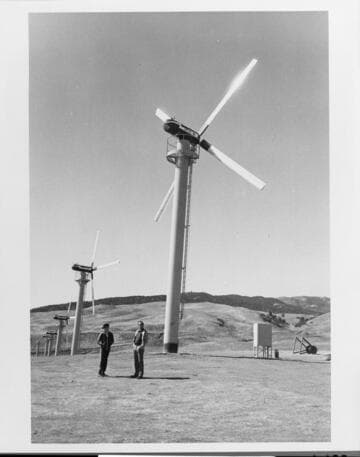 "Blue Max" (modified Merkham) horizontal axis 50-kilowatt wind energy at American Wind Energy Systems facility
