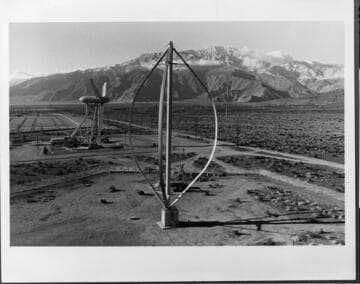 The original 500-kilowatt Darrieus vertical-axis wind turbine dominates this 1981 view of the Wind Energy Center