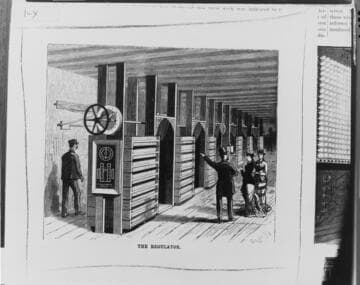The resistance-grid voltage regulator bank at the Pearl Street Plant, from a woodcut in Scientific American, 1882