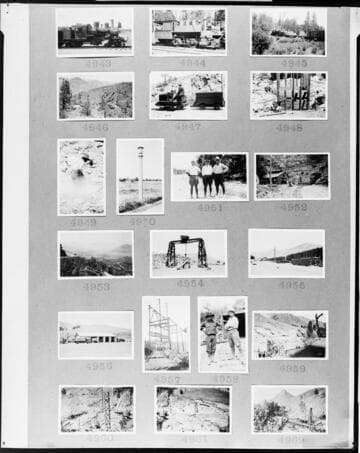 Multiple-image copy film negative with 20 images of Big Creek and Kern River construction