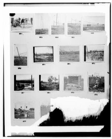 This is a multi-image negative that depicts construction on the Long Beach transmission line, and new Santa Monica Warehouse and Stable. Undamaged images included on the plate are copies of original negatives: 02 - 00864; 02