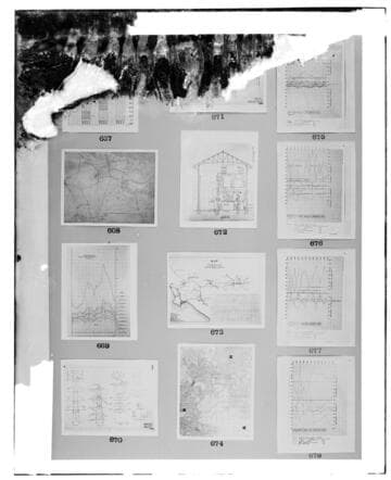This is a multi-image negative that depicts drawings, charts and maps. Undamaged images included on the plate are copies of original negatives: 02 - 00668; 02