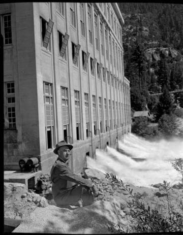 Dave Redinger sits in front of Powerhouse #1 just days before his retirement in 1947