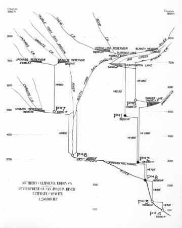 This 1922 map shows the proposed ultimate development of the Big Creek Project to a size even larger than that first envisioned by John Eastwood