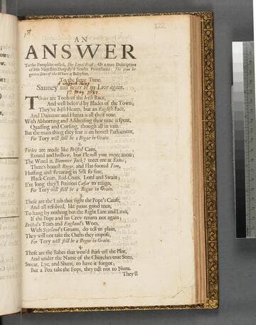 An answer to the pamphlet called, The loyal feast: or a true description of His Majesties deep-dy'd scarlet Protestants: the true begotten sons of the whore of Babylon. To the same tune. Sauney will never be my love again