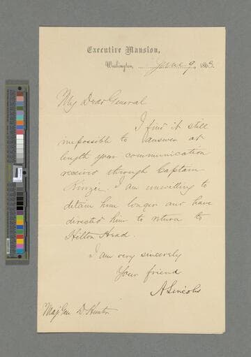 Abraham Lincoln, Washington, D.C., letter to David Hunter