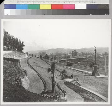 Elysian Park, Los Angeles, showing the park entrance and the  North Broadway bridge, 1900