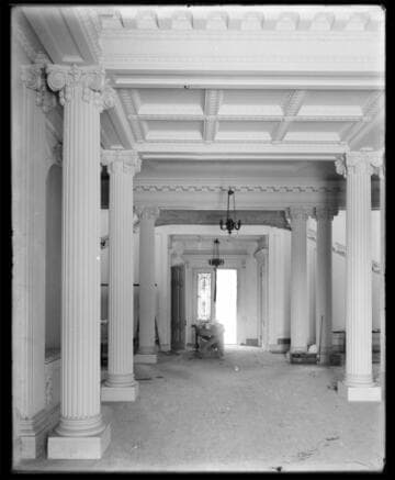 First floor hallway of the Huntington residence during construction, circa 1910