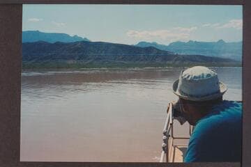 Communication plane to deck boat; Lake Mead above Gods Pocket. Jim-Bob radios to plane