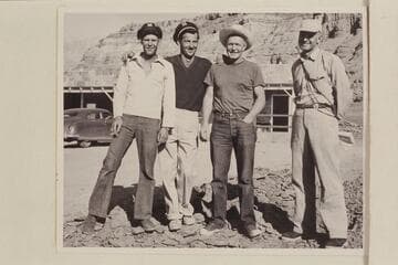 Outboard crew of the Motorcade of 1951, June.  Left to right:  Jordan; Daniels; Sanderson; Macdonald.  At Art Greene's Cliff Dwellers Lodge