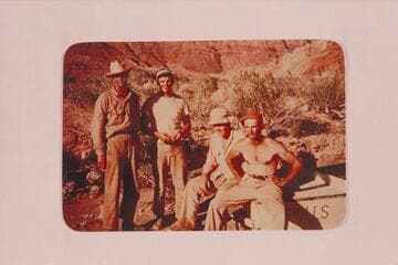 Boatmen of the Nevills San Juan party which left Mexican Hat 1948, May 19. Left to right: Frank Wright; George Wing; Ben Hess; and Nevills