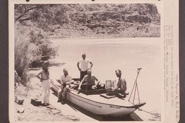 The "Esmeralda" and crew before the start at Lees Ferry. Left to right: Marston, Taylor, Hudson, Hudson and Robinson
